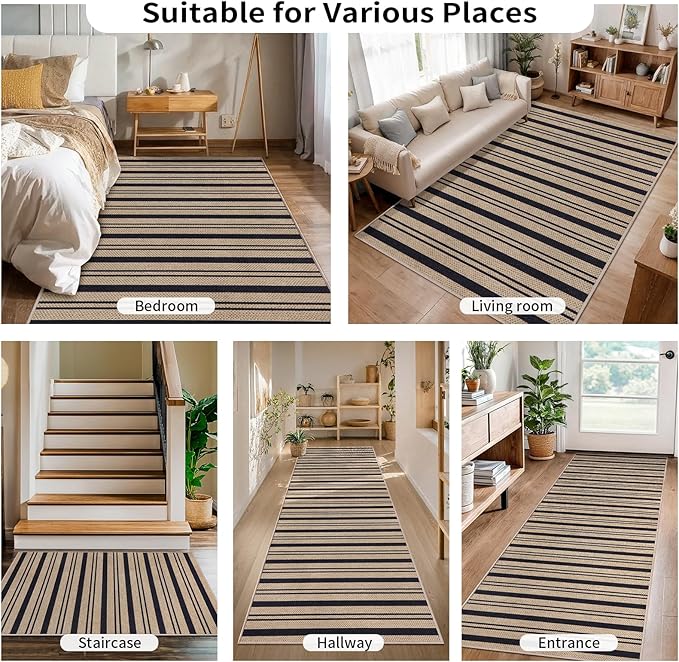 Tangsoo Stripe Easy Jute Rug 4x6 for Paito,Thin Non-Slip Indoor Outdoor Black Door Carpet,Washable Farmhouse Throw Mat for Front Porch Kitchen Bedroom Foyer