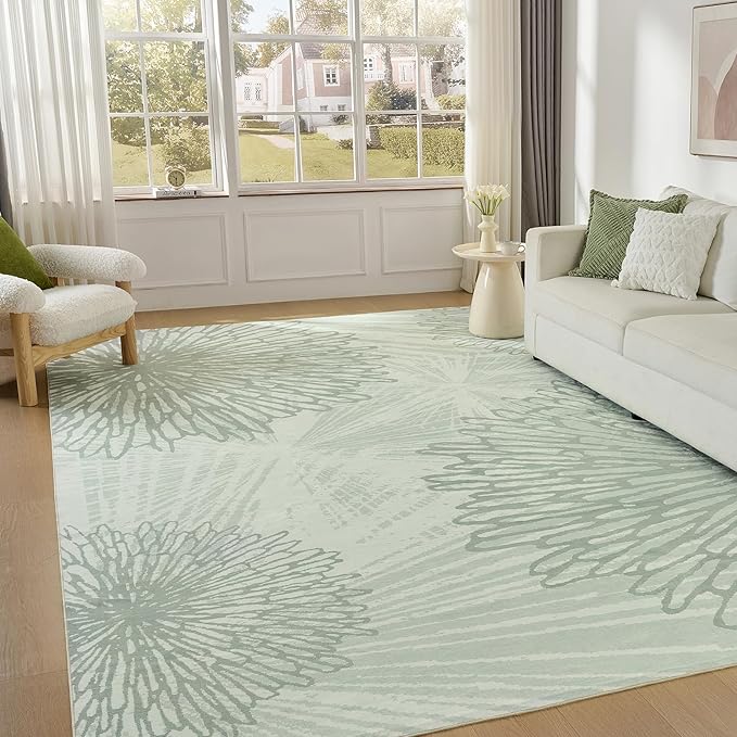 WITSHOCK 12x15 Washable Rug for Living Room,Modern Floral Distress Print Pattern Area Rugs,Stain Resistant with Non Slip Backing Carpet for Dining Room,Bedroom & Home Decor,Green/Light Green