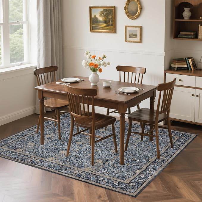 Washable Living Room Rug: 6x9 Boho Floral Soft Area Rug for Bedroom Decor - Vintage Low Pile Thin Carpet for Dining Room Non-Slip - Farmhouse Stain Resistant Rugs - Slate Blue