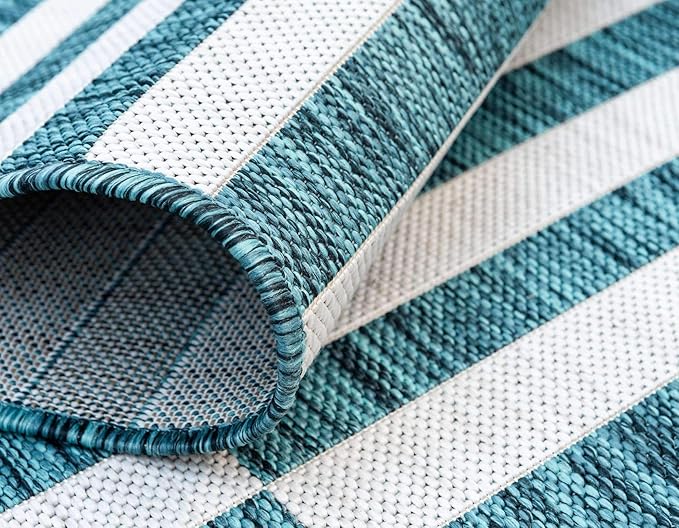 Unique Loom Outdoor Striped Collection Area Rug - Striped (7' 1" x 10' Rectangle, Teal/Ivory)