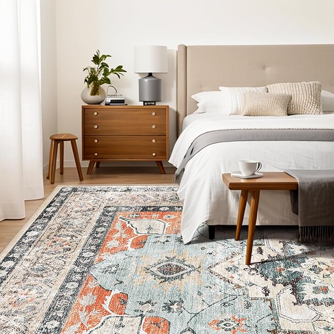 VK VK·LIVING Machine Washable Rug 6'x9' Vintage Design Washable Area Rugs with Non Slip Rugs for Living Room Bedroom Traditional Woven Carpet Stain Resistant, Dining Office Boho Rug (Brick)