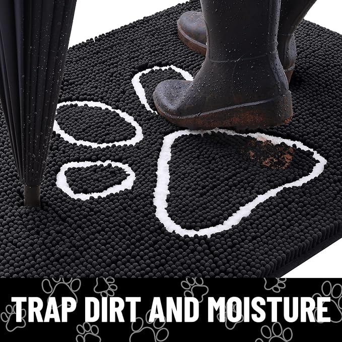 Smiry Dog Door Mat for Muddy Paws, Absorbent Dirt Trapper Non Slip Quick Dry Washable Chenille Mat for Mud Dogs, Entry Rug for Indoor and Outdoor (40x32 Inches, Black and White)