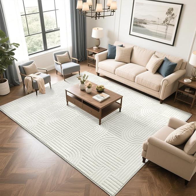 SHACOS Soft Cozy Fluffy Arch Pattern High-Low Pile Area Rugs 6'x9' Large Non Slip Washable Modern Geometric Rug Scandinavian Minimalist Carpet for Living Room Bedroom Dining Room, Cream White