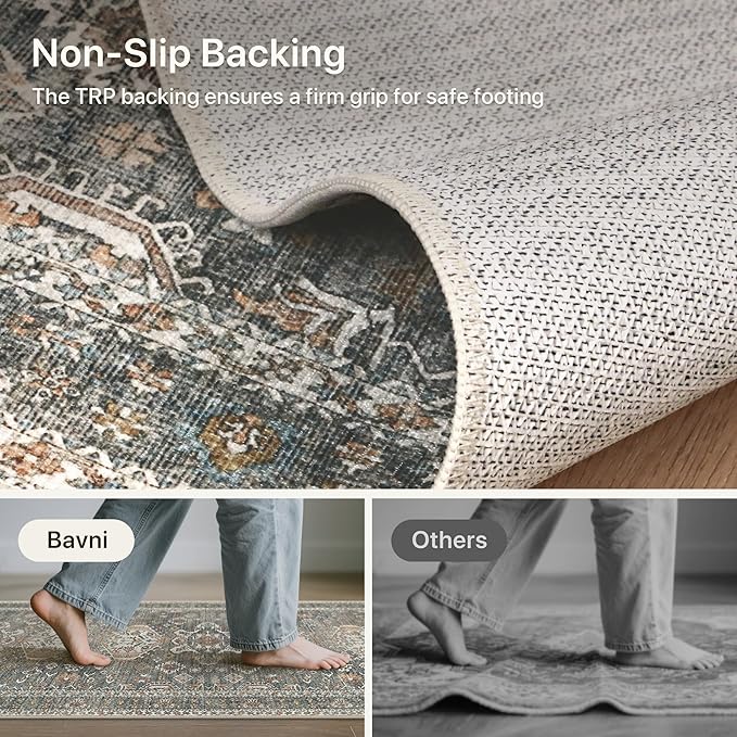 Bavni 3x5 Area Rug for Living Room Bedroom, Washable Boho Print Vintage Aesthetic Rug, Ultra-Thin Low Pile Rugs for Entryway Playroom with Non Slip Backing, Grey