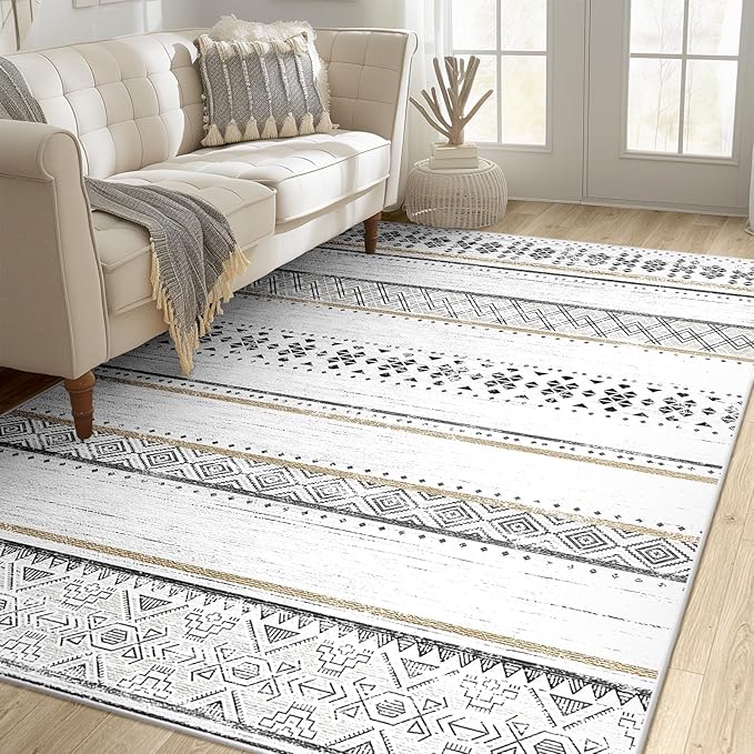 BESTSWEETIE 4x6 Area Rugs for Living Room Washable Moroccan Farmhouse Neutral Geometric Low Pile Non-Slip Soft Print Pattern Rug for Bedroom Kitchen Dining Room Entryway Black/Brown