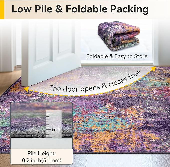 Washable Area Rugs 2'x6' Non-Slip Modern Abstract Soft for Living Room Entryway Bedroom Nursery, Print Pattern, Purple Orange Blue Green Rust Red Colorful