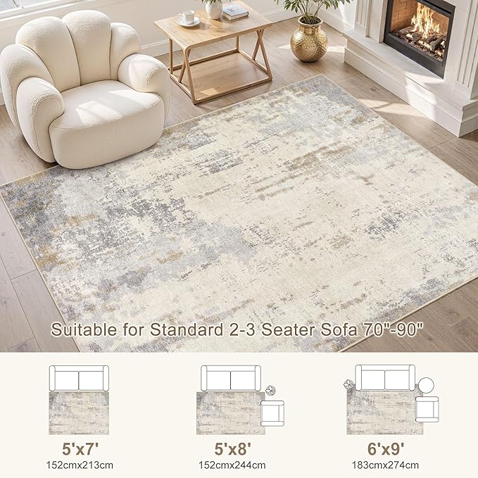 6x9 Area Rug Living Room Rugs - Washable Neutral Modern Abstract Soft Thin Rug Indoor Floor No Slip Rug Carpet for Bedroom Under Dining Table Home Office Decor - Light Brown/Gray