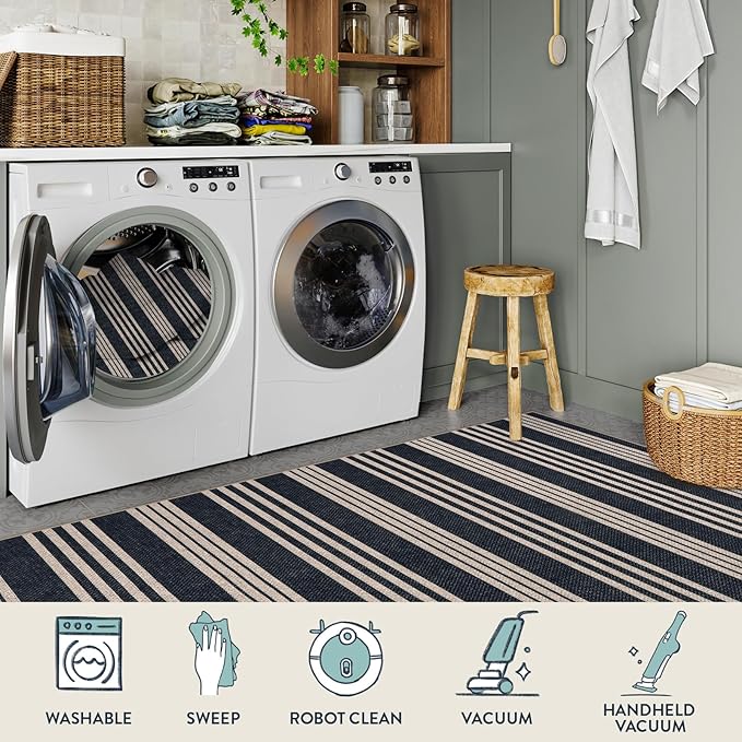 Lahome Striped Easy Jute Outdoor Patio Rug, Washable 5x7 Area Rugs for Living Room Office Indoor Outdoor Carpet, Farmhouse Non Shedding Stain Resistance Carpet for Dining Room Backyard Deck