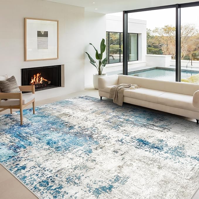 Washable Area Rug for Living Room 6x9 - Neutral Modern Abstract Rugs, Soft Non Slip Thin Carpet with for Bedroom, Under Dining Room Table, Home, Office, Dorm - Blue Gray