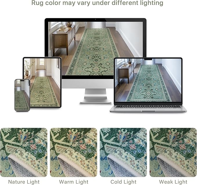 Bavni Washable Runners for Hallways 2X10, Ultra-Thin Non Slip Long Runner Rug, Print Vintage Aesthetic Carpet Runner, Low Pile Rugs for Kitchen Porch Bedroom, Green
