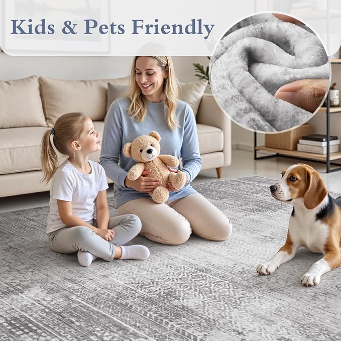 4x6 Area Rugs for Living Room Non Slip Machine Washable Rug Distressed Abstract Soft Indoor Carpet Neutral Boho Rug for Bedroom Dining Room Playroom Office, Grey