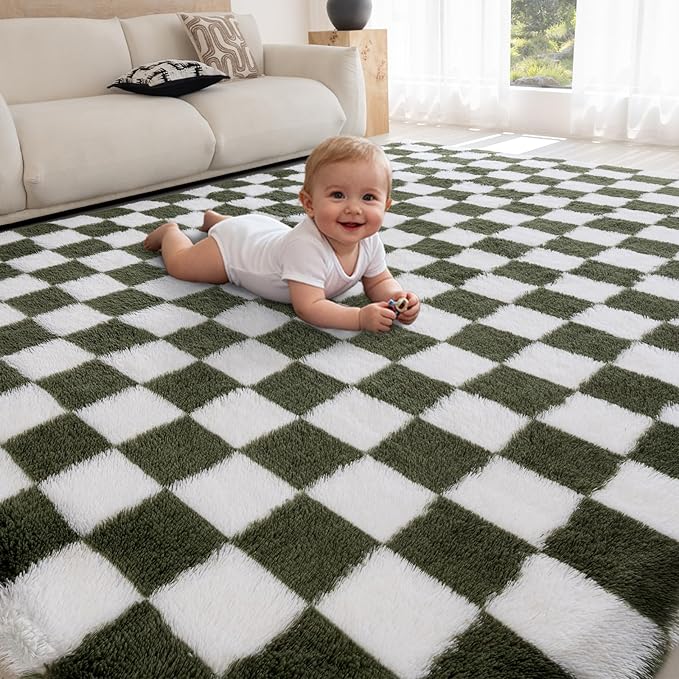 4x6 Area Rugs for Living Room Bedroom, Soft Fluffy Shaggy Bedside Rug, Indoor Floor Carpet for Kids Playroom, Dorms, Nursery Rooms, Home Decor (Olive Green & White 4'x6')