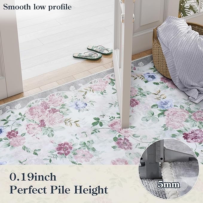 Lahome Vintage Floral 8x10 Rugs for Living Room,Large Boho Washable Rugs,Low Pile Bedroom Rug 8x10 Under Bed Carpet for Nursery Playroom Dining Room (Purple/Grey)