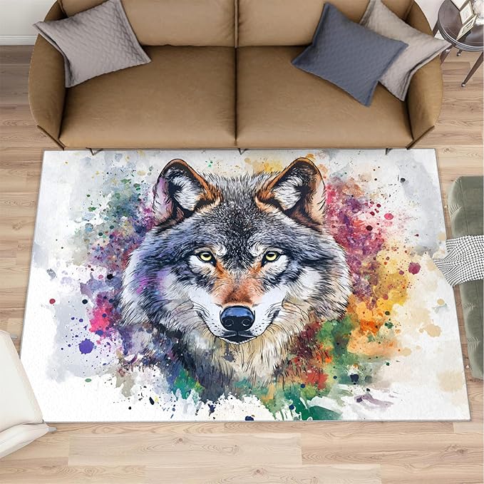 Wolf Rugs for Bedroom - 3x5 Area Rug - Graffiti Wolf Rugs for Living Room, Abstract 3D Animal Graffiti Rug, Washable Home Decor Carpet
