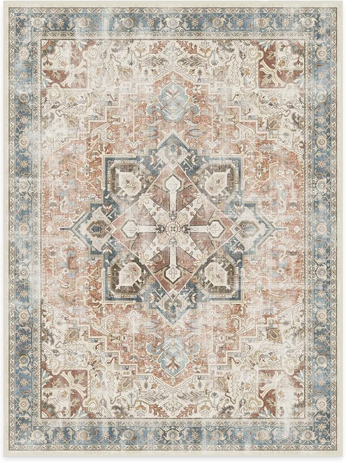 RUGGABLE Washable Vintage Area Rug – Kamran Coral 9x12, Stain-Resistant, Non-Slip – Large Machine Washable Rugs for Living Room, Bedroom, Hallway, Entryway & Office–with Cushioned Pad