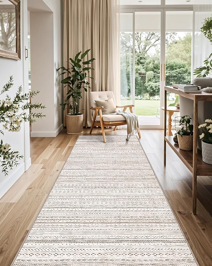 LUMI Washable Runner Rug, 3'x7' Non-Slip Hallway Mat, Low Profile Thin Long Carpeet for Laundry Kitchen Bedroom Office, White and Brown