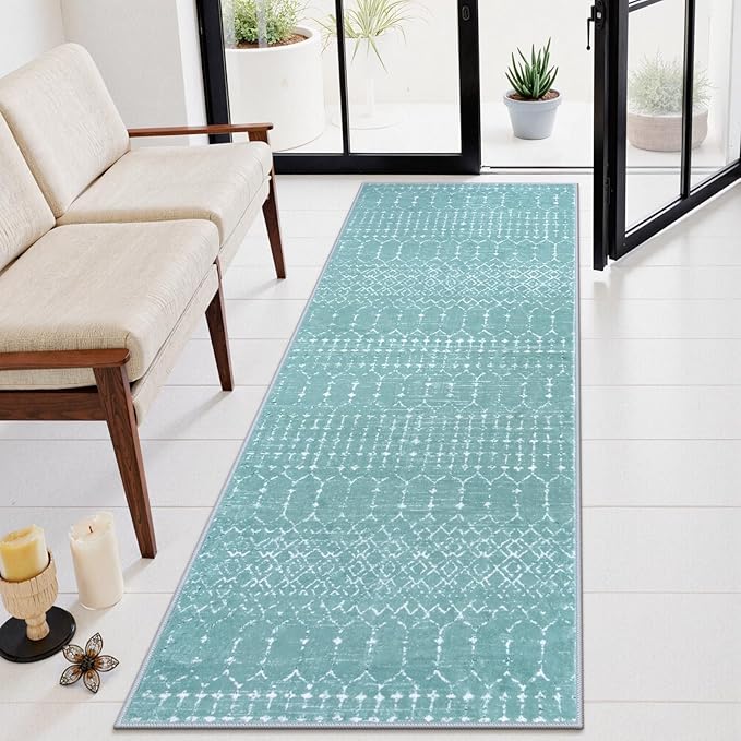 Lahome Moroccan Washable Runner Rug 2x8 Green Non-Slip Rug Runner for Hallway Stain Resisitant Kitchen Carpet, Geometric Print Distressed Soft Untra-Thin Floor Carpet for Kitchen Bedroom Entryway