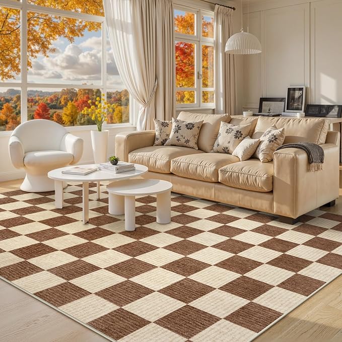 Machine Washable 5x7 Area Rugs for Living Room Checkered, Non Slip Soft Low Pile Farmhouse Geometric Modern Neutral Playroom Boys Rugs for Bedroom, Large Carpet Rugs for Dining Room(Dark Brown,5'x7')