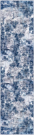 Modern Abstract Hallway Runner Rug, Grey Navy Blue Multi 2x8 Runner Rug, Washable Kitchen Runner Non-Slip Soft Thin Print Faux Wool Carpet for Entryway Bedroom Laundry Room Indoor