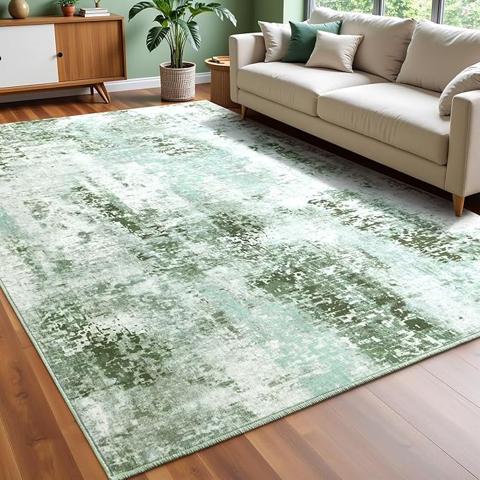 Washable Abstract Rug, 4x6 Modern Area Rugs with Non-Slip Rubber Backed for Living Room, Thin but Soft Contemporary Carpet Kitchen Bedroom Decor, Green