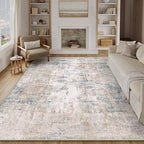 10x14 Area Rug Beige Blue Abstract Living Room Bedroom Washable Carpet Neutral Modern Non Slip Soft Low Pile Large Throw Rug for Dining Room Kitchen Office
