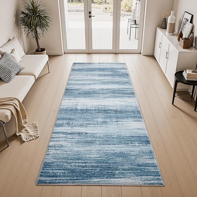 PADOOR Modern Abstract Runner Rug - 2.6x8 Washable Hallway Rugs, Ultra Soft Non-Slip Low Pile Floor Rugs for Hallway Entryway Kitchen Bedroom Bedside Laundry Room Blue