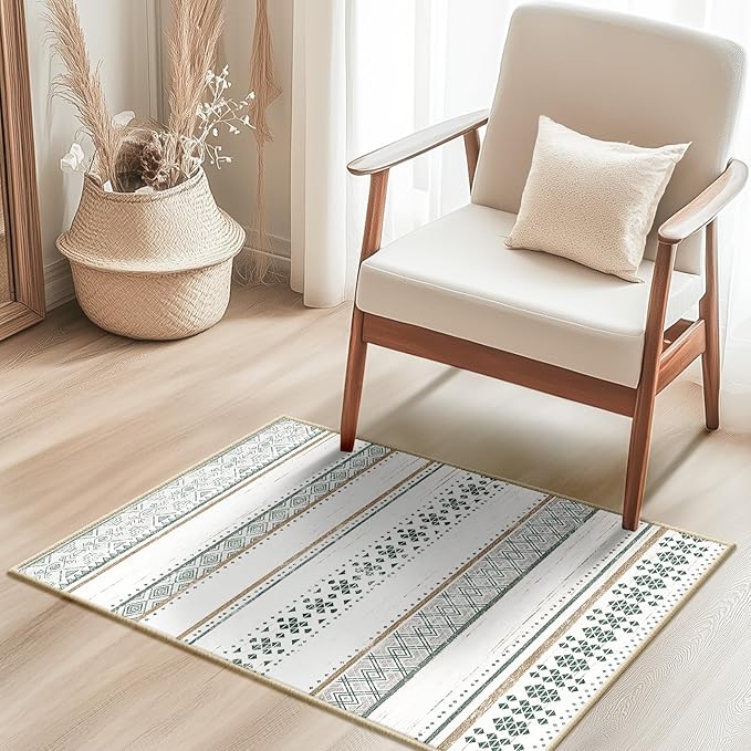 BESTSWEETIE 2x3 Area Rugs for Living Room Washable Moroccan Farmhouse Neutral Geometric Low Pile Non-Slip Soft Print Pattern Rug for Bedroom Kitchen Dining Room Entryway Green/Brown