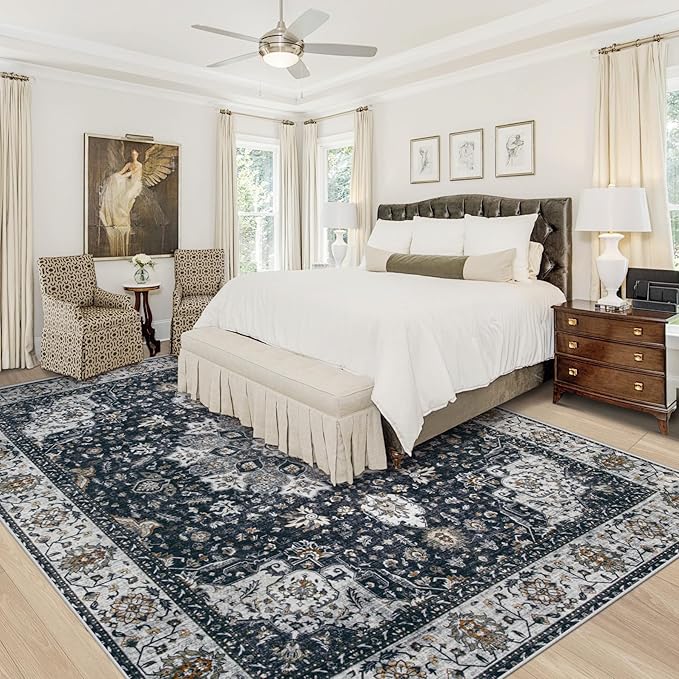 Area Rug 9x12 Washable Rug, Vintage Boho Medallion Rugs Non-Slip Soft Low Pile Large Distressed Rug Indoor Retro Carpet for Living Room Bedroom Dining Room Home Office (Vintage Black, 9'x12')