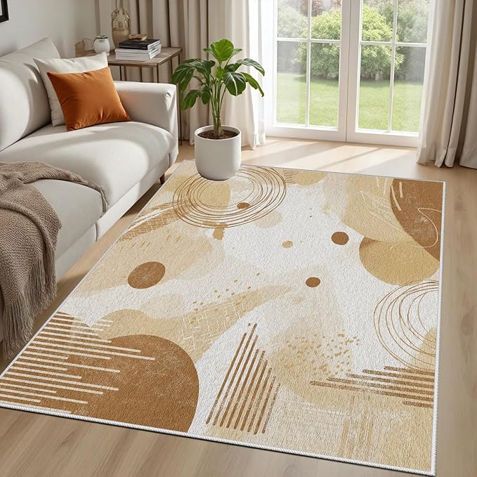 Minimalist Abstract Area Rug 6x9 Beige Boho, Modern Washable Geometric Art Carpet, Soft Non-Slip Low-Pile Carpet for Living Room, Bedroom, Kitchen, Dining Room, Pet Friendly, Non-Shedding, Brown