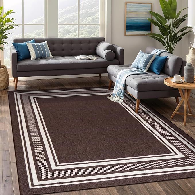 Beverly Rug Non Slip Area Rugs 5x7 Modern Bordered Non Skid Rubber Backing Soft Area Rug for Living Dining Room Easy to Clean Non Shedding Kitchen Bedroom Indoor Carpet 5 x 7 Brown