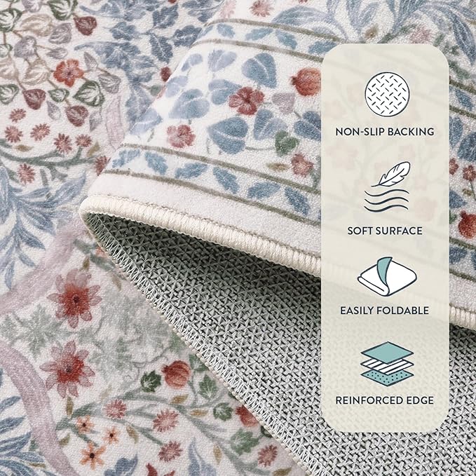 Lahome Floral Washable Rugs for Entryway, 2x3 Kitchen Rugs Non Slip Boho Soft Door Mat Indoor Entrance, Ultra-Thin Easy Clean Forest Design Small Throw Carpet for Bedroom Bathroom, Beige/Blue
