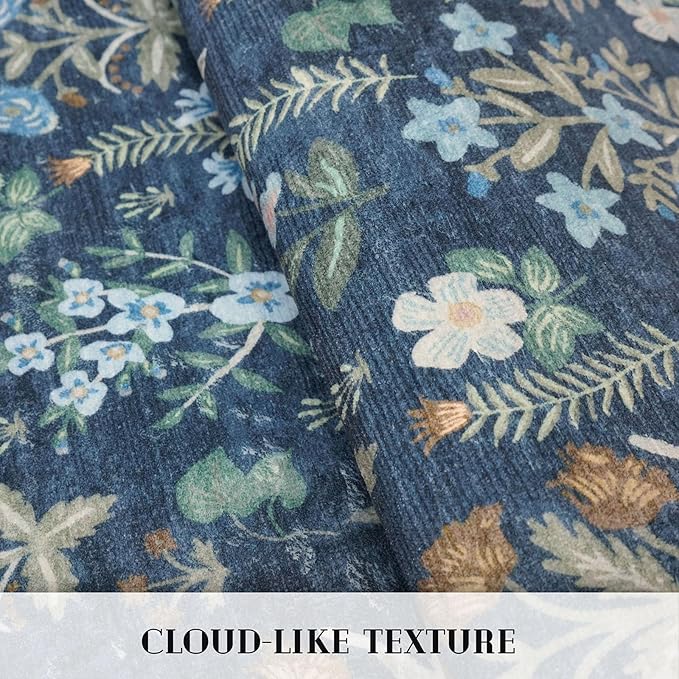 Boho 2x5 Runner, Navy Floral Washable Hallway Runner, Non-Slip Kitchen Runner, Super Thin Printed Faux Wool Soft Carpet for Entryway, Front Door, Backdoor, Bedside