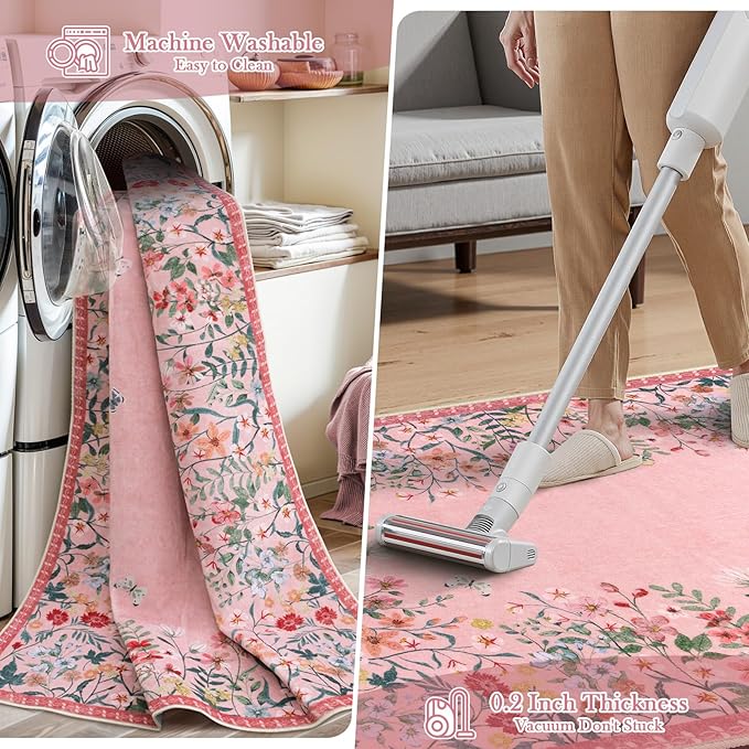 Wonnitar Washable Pink Floral 9x12 Rugs for Bedroom, Non-Slip Living Room Area Rug, Cute Nursery Large Botanical Area Rug, Soft Floor Carpet for Playroom Closet (Pink,9'x12')