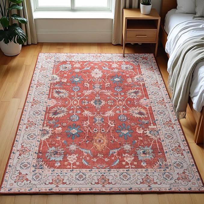 Area Rug 4x6, Washable Faux Wool Throw Rugs for Living Room, 0.3″ Non Slip Low Pile Vintage Boho Carpet for Ding Room, Home Office, Bedroom, Kids Room, Bedside (Red)