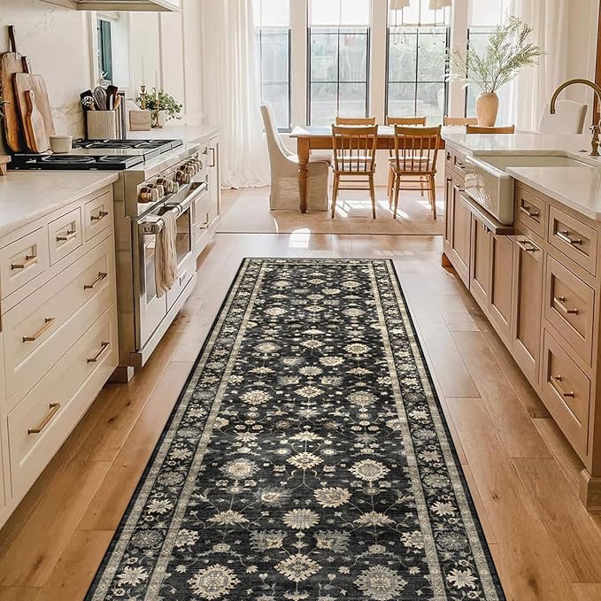 Runner Rugs for Hallway 2.5x10ft - Long Non-Slip Charcoal Black Washable Boho Runner Rug Low Pile Soft Vintage Farmhouse Traditional Moody Carpet for Kitchen Living room Indoor Entryway Bedroom
