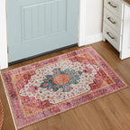 Moynesa Ultra-Thin Washable Pink Area Rug - 2x3 Small Pink Washable Bedroom Rug Entry Mat, Vintage Non-Slip Non-Shedding Low Pile Indoor Throw Carpet for Laundry Living Room Hardwood Floors Kitchen
