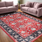 Area Rug 5x7, Washable Faux Wool Throw Rugs for Living Room, 0.3″ Non Slip Low Pile Vintage Boho Carpet for Ding Room, Home Office, Bedroom, Kids Room, Bedside (Black Red)