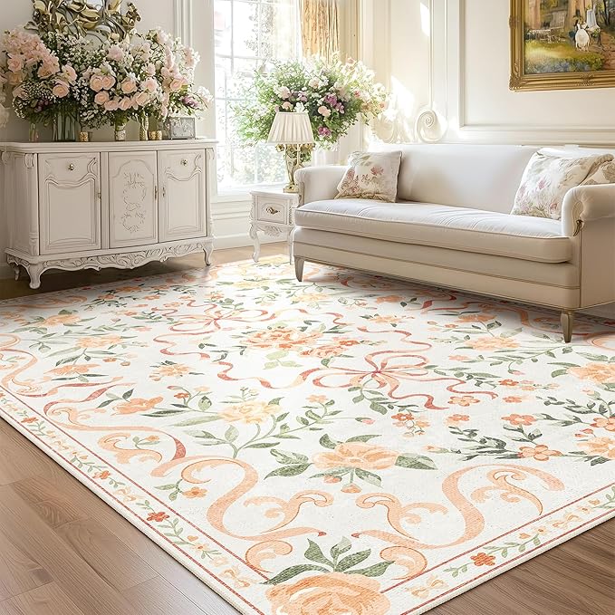Orange Rug Bow Floral Rug for Girls, 5x7 Washable Area Rugs for Bedroom Living Room, Kitchen,Dining Room,Kids Room, Playroom, Cute Ultra-Thin Non Slip Low Pile Indoor Carpet