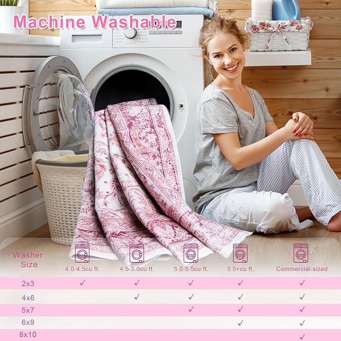Bright Pink Area Rug for Girls Bedroom, 3x5 Soft Washable Rugs with Non-Slip Backing for Living Room, Cute Vintage Carpet for Kitchen Laundry Kids Room Decor