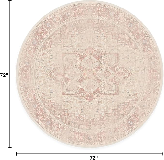 RUGGABLE Washable Area Rug – Kamran Soft Pink 6 ft Round, Stain-Resistant, Non-Slip – Medium Machine Washable Rugs for Living Room, Bedroom, Hallway, Entryway & Office–with Standard Pad