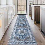 KOZYFLY Long Runners for Hallways 2x10 Ft Washable Kitchen Runner Rug Boho Runner Rug for Entryway Indoor Blue Printed Oriental Faux Wool Stair Runner Floor Carpet Runner for Stair Kitchen Hall
