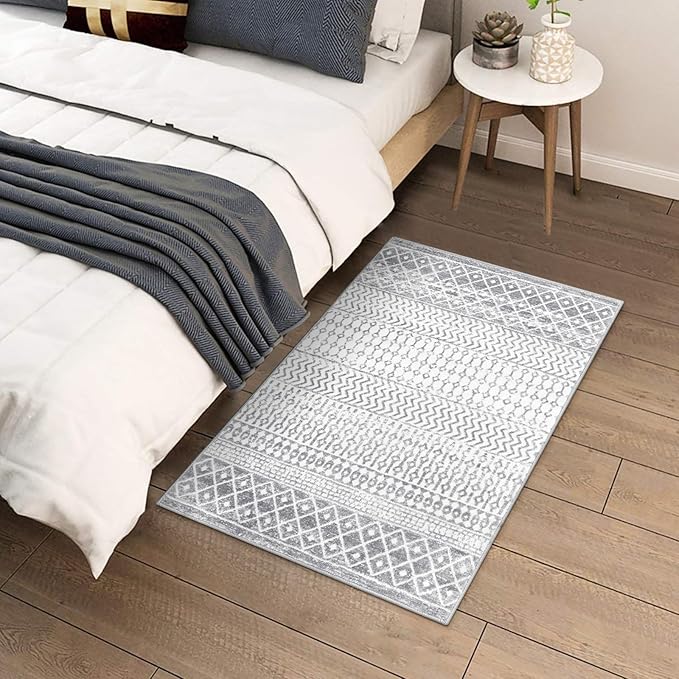 Moroccan Washable Rugs, 2x3 Grey Rug Non-Slip Small Distressed Entryway Rugs, Soft Low-Pile Bedroom Rug Indoor Doormat Carpet for Entryway Kitchen Bathroom