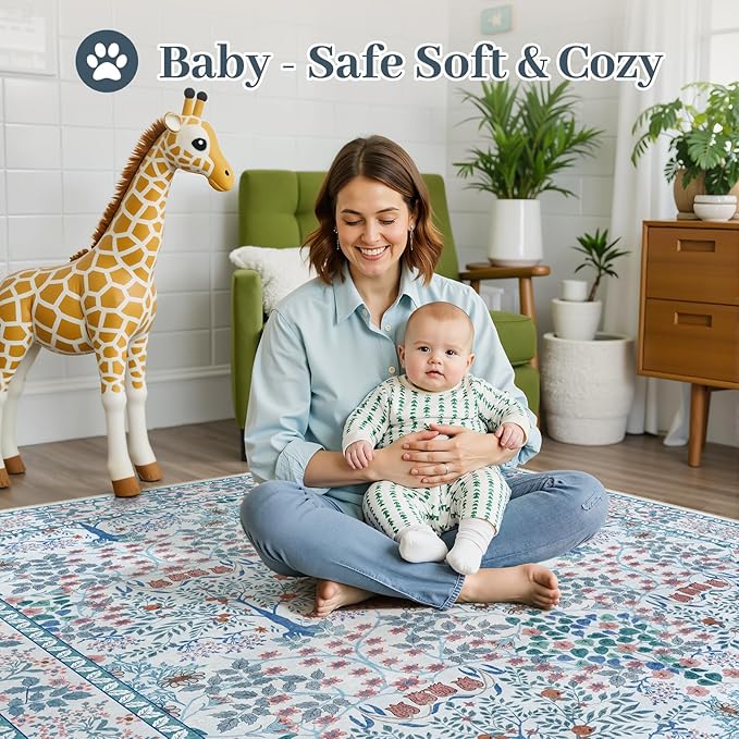 9x12 Area Rug Living Room Rug - Floral Vintage Forest Washable Carpet, Low Pile Non-Slip Stain Resistance Boho Soft Large Carpet for Bedroom, Dining Room Under Table, Farmhouse (9'x12' Blue/Pink)