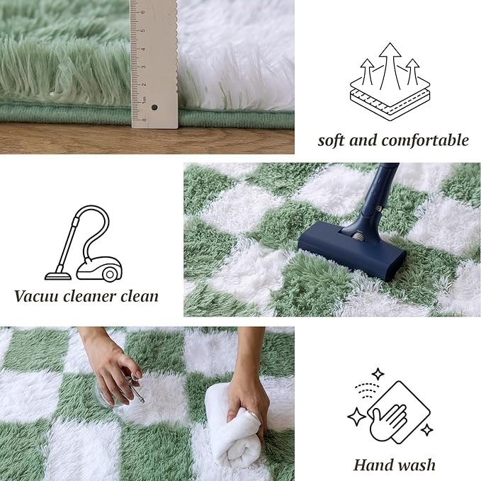 4x6 Area Rugs for Living Room Bedroom, Soft Fluffy Shaggy Bedside Rug, Indoor Floor Carpet for Kids Playroom, Dorms, Nursery Rooms, Home Decor (Green & White 4'x6')