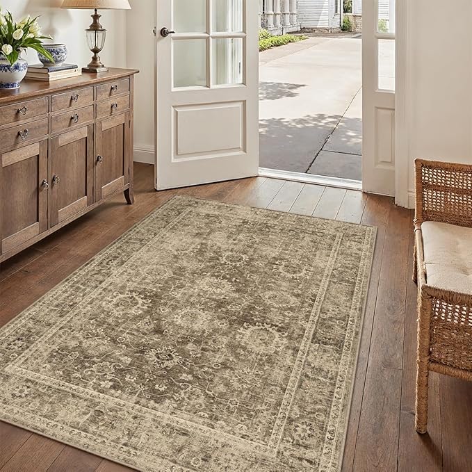 4x5 Washable Area Rug for Entryway Office Brown Vintage Non-Slip Low Pile Distressed Rustic Carpet Lightweight Vacuumable Soft Throw Rug for Living Room Indoor Dining Room