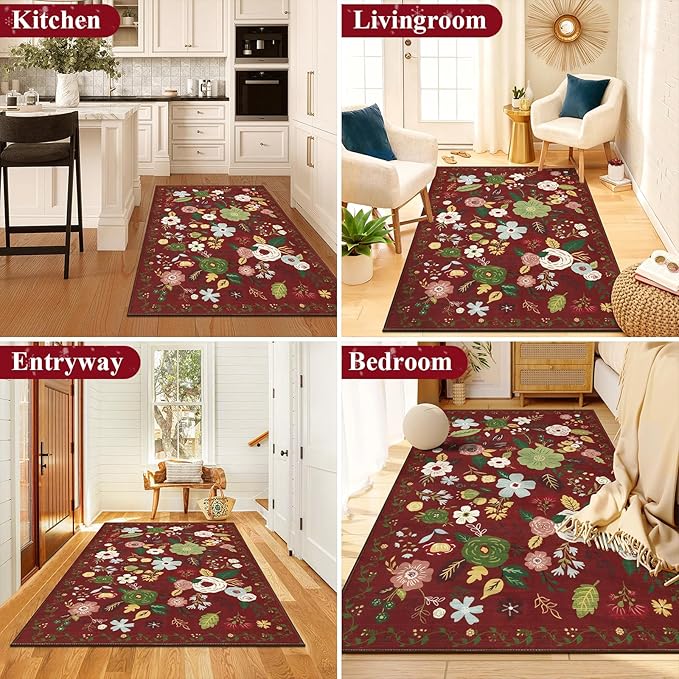 U'Artlines 3x5ft Colorful Red Christmas Floral Rug,Non Slip Washable Area Rug Ultra Soft Low Pile Boho Small Carpet for Living Room, Bedroom, Dining Room,Farmhouse,Office