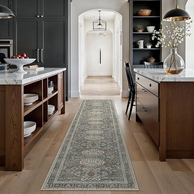 Bavni Washable Runners for Hallways 2X10, Ultra-Thin Non Slip Long Runner Rug, Print Vintage Aesthetic Carpet Runner, Low Pile Rugs for Kitchen Porch Bedroom, Grey