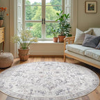 jinchan Kalen Round Rug 7ft Area Rug Washable Vintage Indoor Retro Floor Cover Distressed Gray Floral 7' Round Circle Boho Non Slip Thin Carpet for Living Room Dining Room Bedroom Kitchen Grey