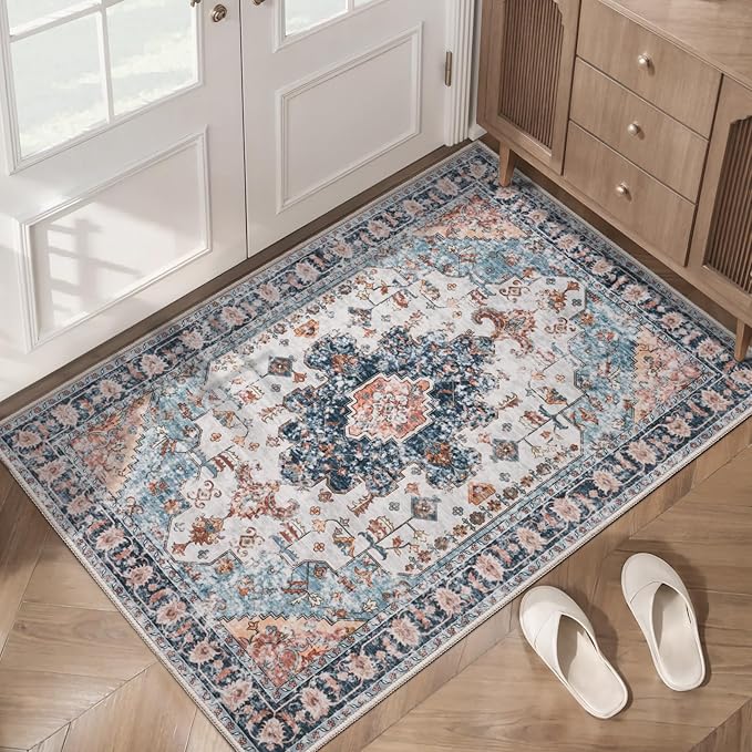Tangsoo Vintage Rug 2x3 Washable Rug for Entryway, Non Slip Small, Indoor Front Door, Print Distressed Blue/Beige Door Mat Carpet, Soft Low Pile Rugs for Entrance Kitchen Bedroom Bathroom