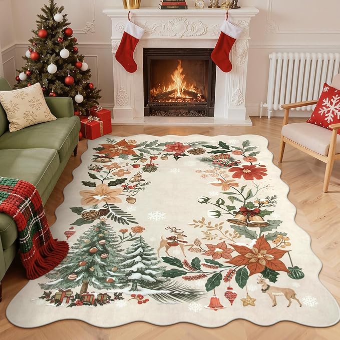 Lahome Floral Christmas Rugs for Living Room, 5x7 Christmas Area Rug for Bedroom Large Washable Carpet, Soft Stain Resistance Xmas Tree Carpets for Under Table Dining Room, Beige/Multi